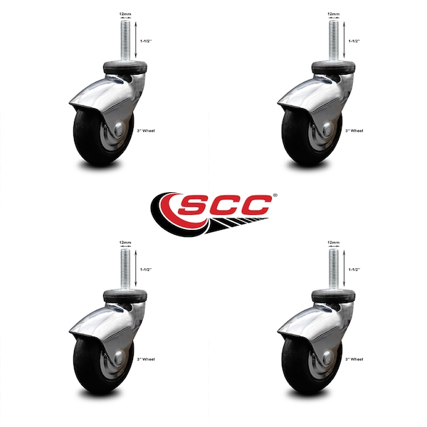 3 Inch Bright Chrome Hooded Neoprene Rubber 12mm Threaded Stem Casters SCC, 4PK